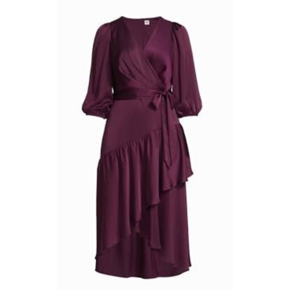 Anne Klein Plum Purple Satin Faux Wrap Ruffle High Low Midi Dress NWT